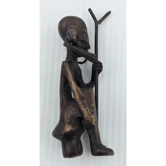 Small Bronze Figure with Earring Walking Stick 4.25" Dogon Ashanti ?